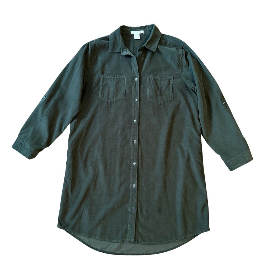 Lucky Brand Women's Green Corduroy Button Up Shirt Dress Roll Tab Sleeve Large